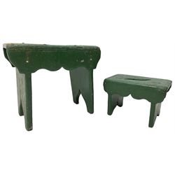 Two 19th century green painted pine vernacular stools, the largest - 36cm x 20cm, H31cm