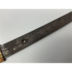 WW2 Japanese Army officer's shin gunto/katana sword with 68.5cm steel single edged blade, foliate cast brass tsuba, bound fish-skin grip with brass mounts, inscribed marks to both sides of tang; in lacquered wooden scabbard with brass mounts and locking button L97cm overall
