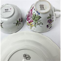 Matched Copeland Spode, Spode and French Luneville and Marlborough Sprays pattern dinner and tea wares, comprising two tureen and covers and apple finials, two sauce tureen and covers with pear finials and fixed stands, six graduated platters including two pairs, large plate, thirteen dinner plates, twelve bowls, ten smaller bowls, eight side plates, eleven smaller side plates, teapot, twin handled sucrier and cover with apple finial, open sucrier, cream jug, smaller cream jug, four breakfast cups, eight tea cups, four large saucers, eleven smaller saucers, and nine further smaller saucers. 