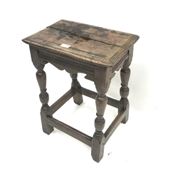 18th/19th century oak coffin stool, carved and shaped rails, outsplayed baluster supports joined by stretchers, W43cm, H58cm, D34cm