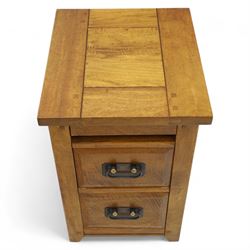 Two hardwood bedside chests,  of rectangular form, fitted with three drawers with recessed brass handles, panelled sides, and flush top, W55xD40xH68cm & W45D45xH68cm 