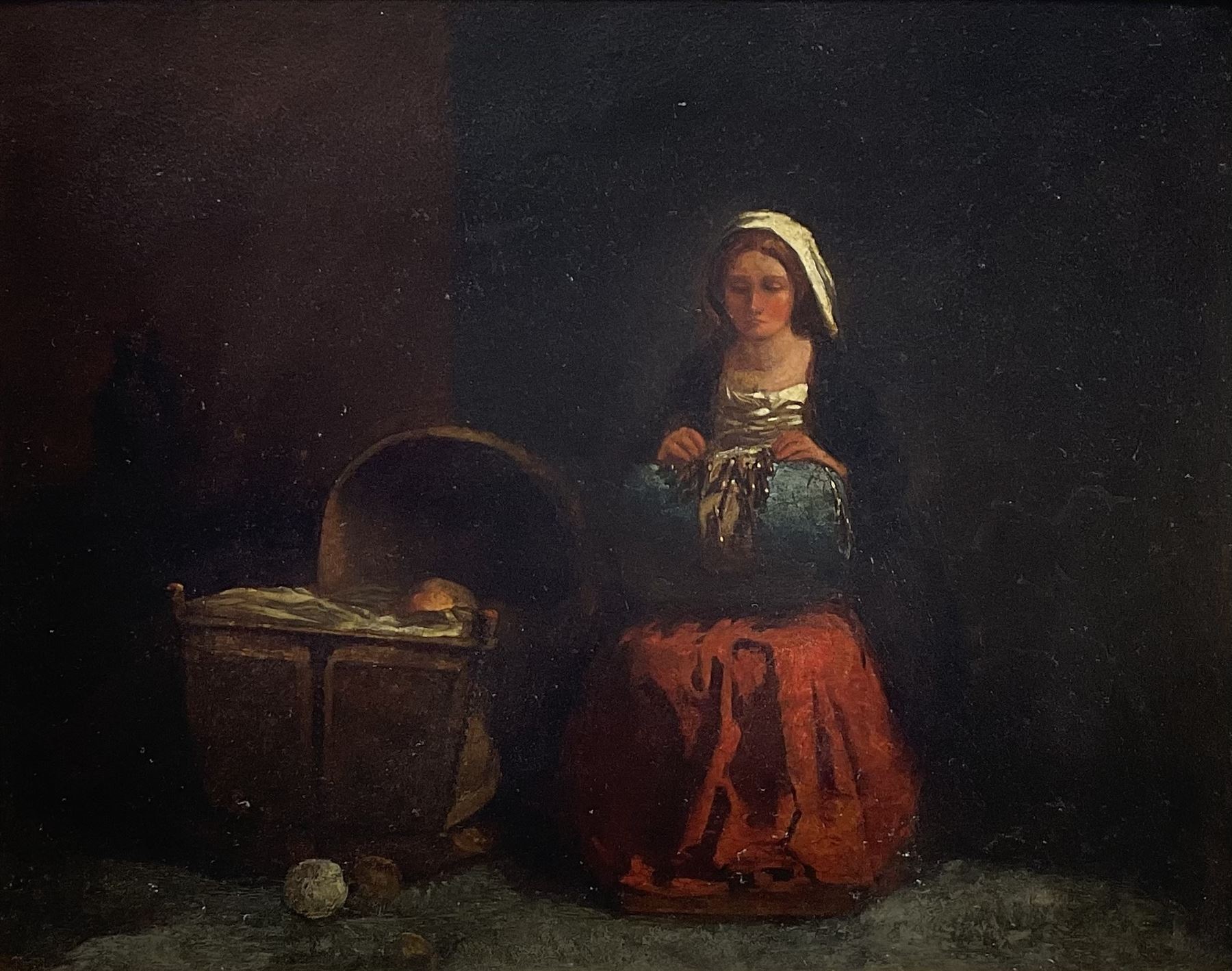 Spanish School (19th century): Mother Lacemaking beside her Baby's Crib, oil on board unsigned 34cm x 43cm