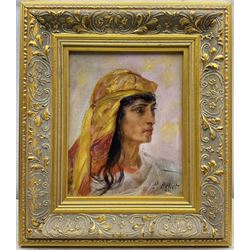 Pierre Auguste Bellet (Romanian/French 1865-1924): Young Lady with Headscarf, oil on canvas signed and indistinctly dated 23cm x 19cm