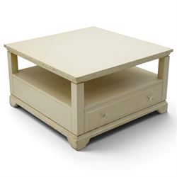Laura Ashley - white coffee table, of square form, open recess above two drawers with glass knobs