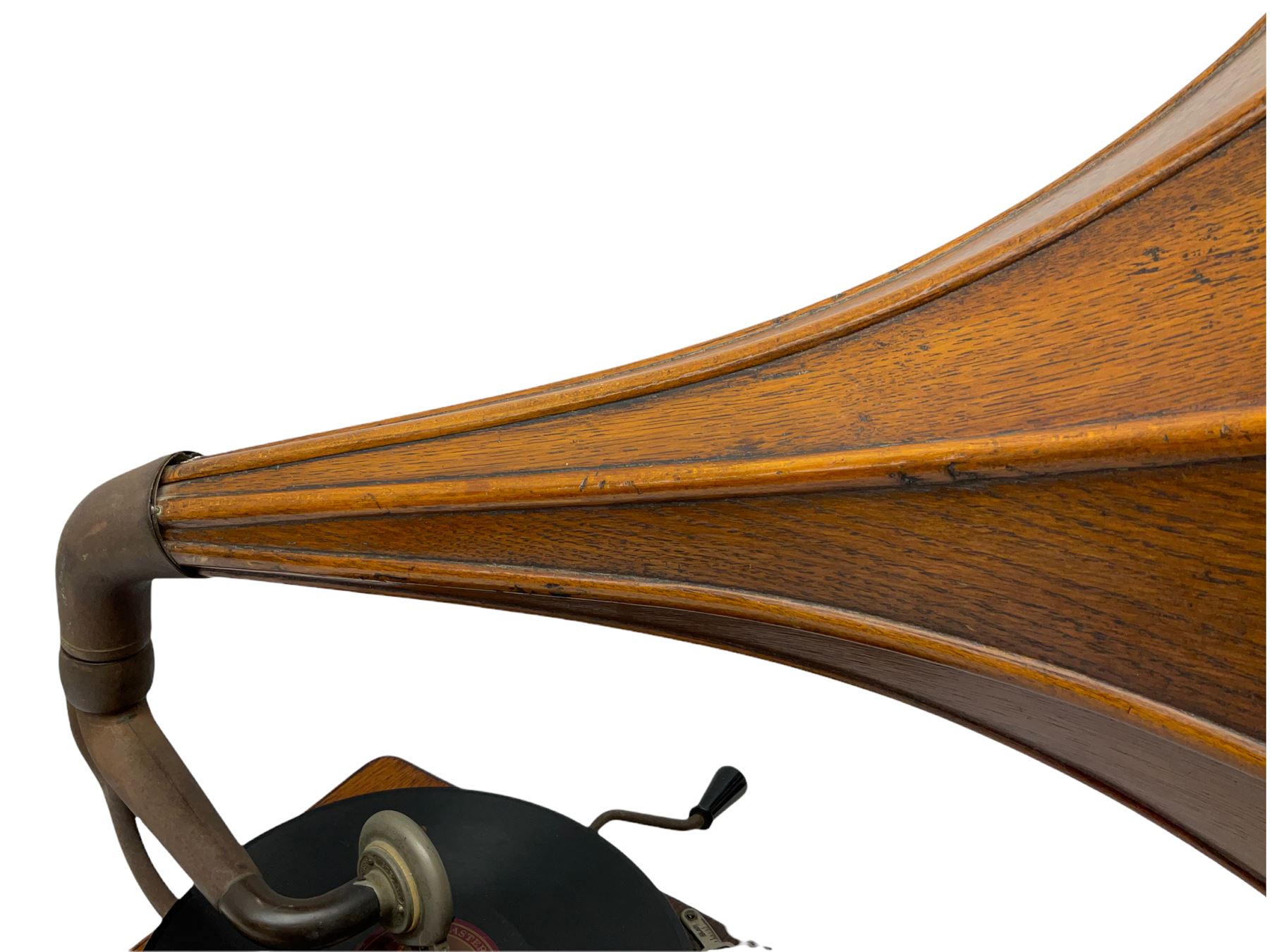 Early 20th century oak cased gramophone, the motor marked 'Garrard No.20 REF No.1030', with ribbed oak horn, base 30cm square; with one 78rpm record and Columbia tin of needles