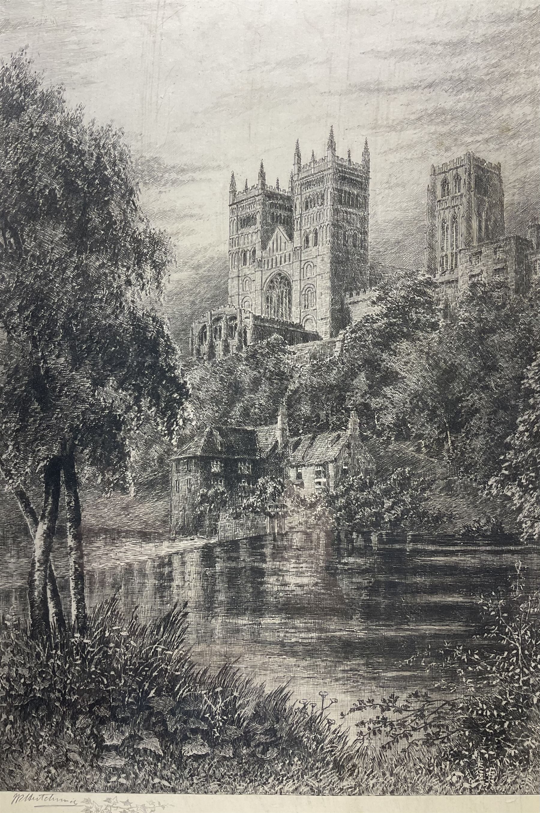 J R Hutchinson (Early 20th century): Durham Cathederal from the Weir, etching signed in pencil 48cm x 34cm