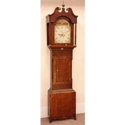  19th century oak, mahogany and burr walnut longcase clock, arched painted dial with subsidiary seconds and date, signed Jn.Kellet, Thorne, 8-day movement striking the hours on a bell, H230cm  
