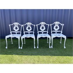 Set four Victorian style white painted cast metal garden chairs, and an additional white painted cast metal chair  - THIS LOT IS TO BE COLLECTED BY APPOINTMENT FROM DUGGLEBY STORAGE, GREAT HILL, EASTFIELD, SCARBOROUGH, YO11 3TX