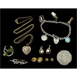 Edwardian gilt pearl heart pendant, the reverse named and dated 1904, on later 9ct gold chain, three pairs of 9ct gold earrings including pearl, silver charm bracelet, Edwardian silver paste stone set swallow brooch, Chester 1902, silver horseshoe and shamrock brooch and a silver Celtic design brooch