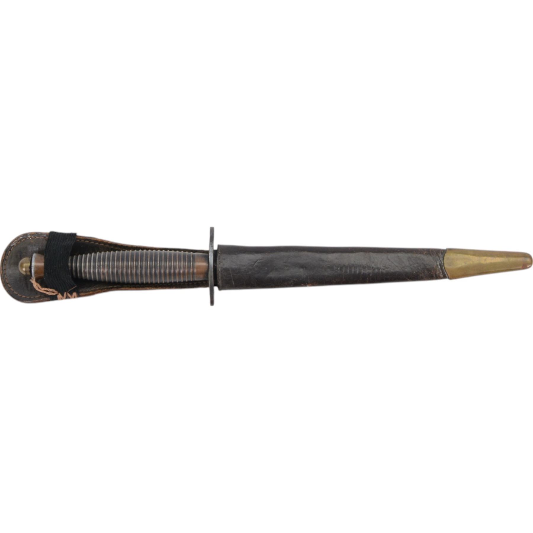 British Fairbairn-Sykes Commando fighting knife with unmarked 17cm double edged blade, oval brass cross-guard and ringed grip, in brown leather scabbard