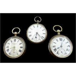 Edwardian silver open face English lever pocket watch by Arthur Dickinson, Selby, No. 212012, case Birmingham 1901 and two other Victorian silver English lever pocket watches, London 1883 and 1884 (3)