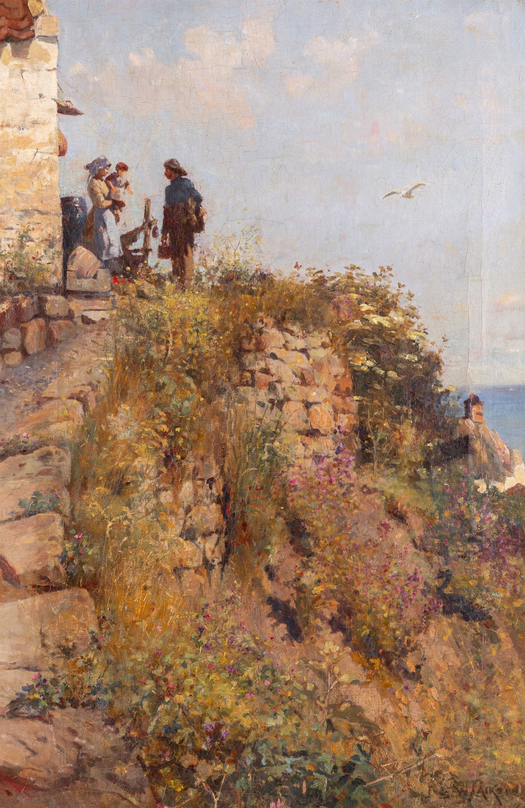 Frederick William Jackson (Staithes Group 1859-1918): Fisher Folk on the Cliff above Lady Palmer's Cottage Runswick, oil on canvas on canvas signed 90cm x 60cm