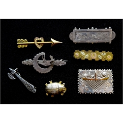 Victorian silver brooch fruit basket design, Birmingham 1891, two other Victorian silver bird broohces hallmarked, silver-gilt bug brooch and axe both stamped and two other gilt brooches