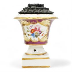 19th century porcelain campana form pot pourri vase, with associated cover, probably Derby, 18th century Worcester scale blue ground kakiemon coffee cup and saucer, c1770, Copeland and Garrett cylindrical vase with flared rim and four scroll supports, H12cm, porcelain chamber stick, modelled as a leaf with grapes flanking the ring handle and a Chinese Export egg cup 