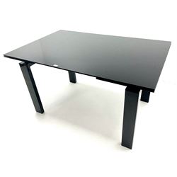 Ponsfords Sheffield Italian black gloss and glass extending dining table, rectangular supports (W220cm & 140cm, H77cm, D90cm) and set six chairs black and white dining chairs (W48cm)