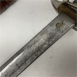 WWI 1821 pattern Royal Artillery officer's sword, the 82.5cm decorative blade by Hawksworth Sheffield etched with GVR cypher and crown, 'Royal Artillery' and field gun between scrolling foliate panels; three-bar hilt with wire-bound fish skin grip and chequered backstrap; in leather covered scabbard L99cm overall