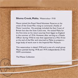 Frank Henry Mason (Staithes Group 1875-1965): 'Sliema Creek - Malta', watercolour signed titled and dated 1918, further titled on exhibition label verso 22cm x 49cm 
Notes: Mason joined the Royal Naval Volunteer Reserve at the onset of the Great War, rising to command a flotilla of Motor Launches. His postings included the East Coast of Britain but also the Suez Canal area. He visited Malta for the first time on his return journey from Egypt to England in the summer of 1916. After serving as a Dazzle Officer during 1918, he was then appointed as a War Artist at the end of the War and returned to Malta to prepare a large body of work now in the Imperial War Museum. This watercolour is dated 1918 and is one of a small group Mason painted during 1918 and 1919, independently of the IWM commission.