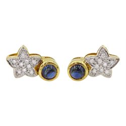 Pair of 18ct gold pave set diamond star and cabochon sapphire stud earrings