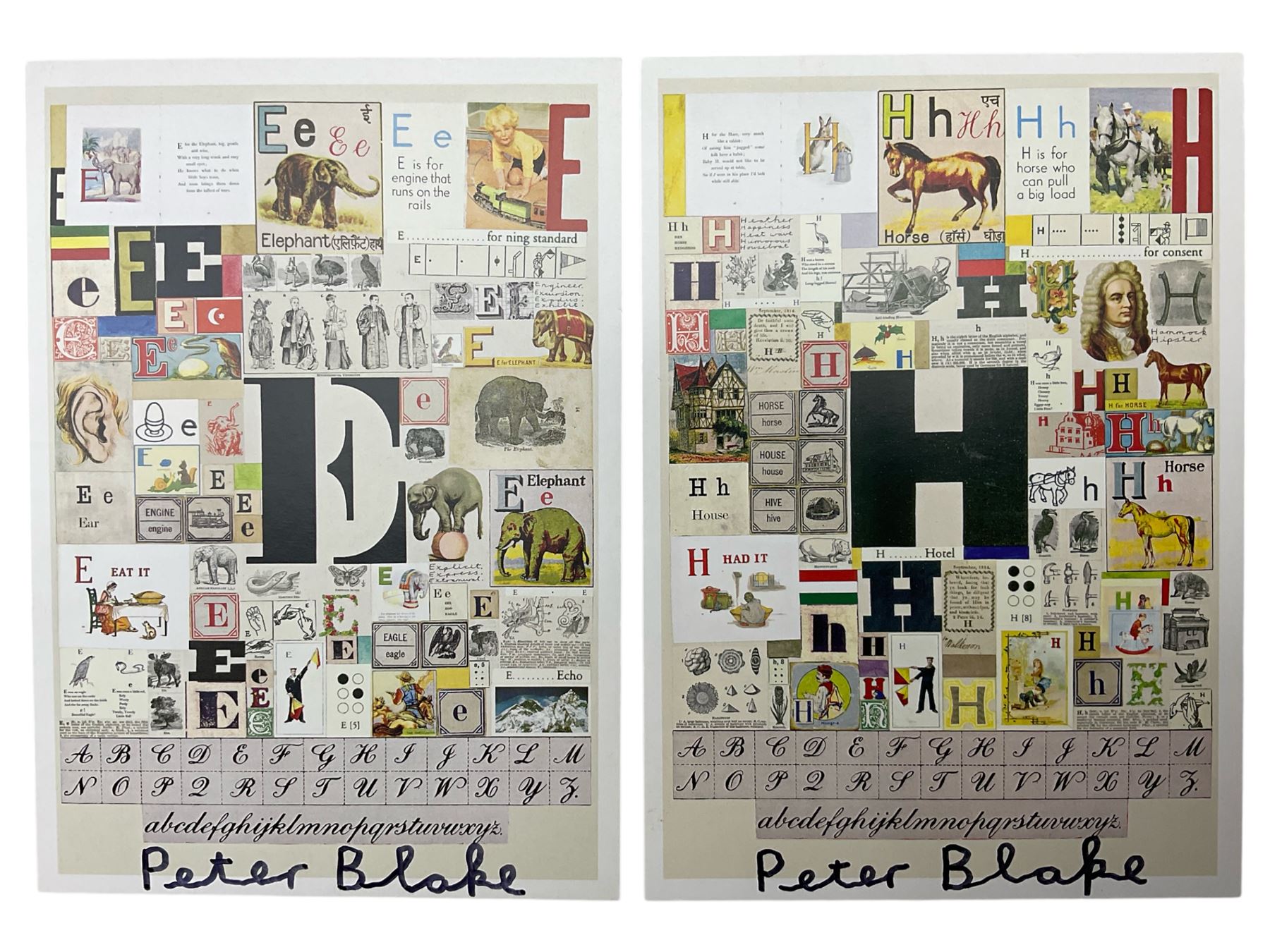 Peter Blake (British 1932-): 'H' and 'E' Postcards from 'An Alphabet' series, signed; together with two posters 'Peter Blake - Sculpture and Other Matters' and 'Under Milk Wood', and a 'Books are my Bag' tote bag (5)