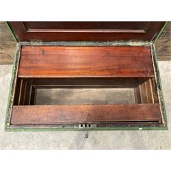 19th century green painted pine carpenters tool chest, mahogany lined fitted interior with adjustable sliding fitted compartments