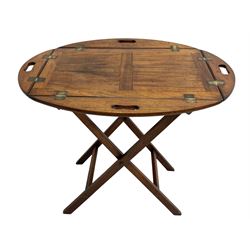 George III mahogany butler's tray on stand, the panelled tray with hinged sides pierced with handles, on folding stand