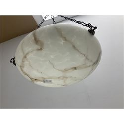 Art Deco style frosted glass marbled fly catcher light shade, suspended by three chains, D31cm