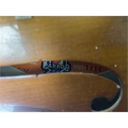 Chinese Parrot violin with 35.5cm two-piece back; L59.5cm in carrying case; and early 20th century German violin for restoration; bears label 'Antonius Stradivarius Faciebat Anno 1730'; cased with bow (2)