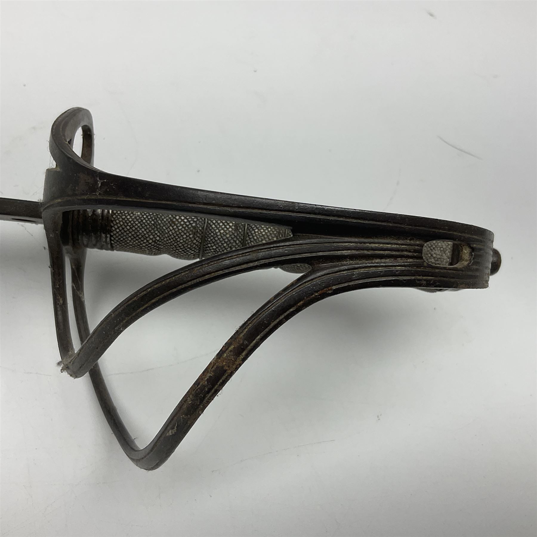 WW1 British Army 1897 Pattern Officers Sword, the 80cm fullered steel blade with traces of decoration and inscribed 'W.E. French 1914'; the basket hilt pierced with the George V cypher and wire-bound fish-skin grip L97cm overall; and WW1 British 1821 pattern Royal Artillery officer's sword with three-bar hilt; both lacking scabbard (2)