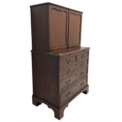 Late 19th century mahogany estate type cabinet, rectangular lunette carved top over cabinet enclosed by panelled doors, the interior fitted with pigeons holes, the chest with rectangular leaf carved moulded top over two short and three long graduating drawers with oak lining, egg and dart carved lower mould over bracket feet 