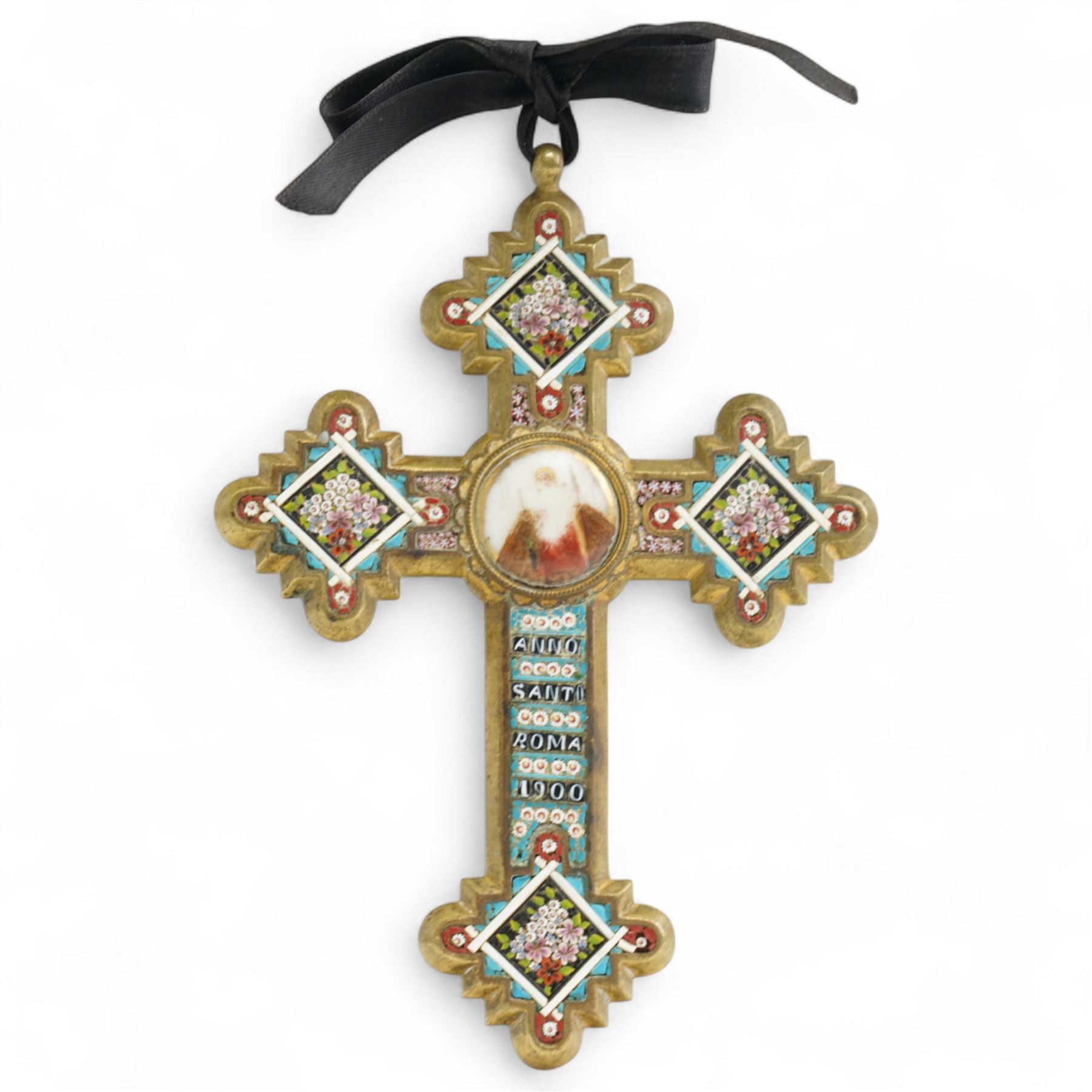 Italian micro mosaic cross, the central panel depicting a solitary female figure, each point decorated with sprigs of flowers, the inscription reading 'Anno Santo Roma 1900', H14cm