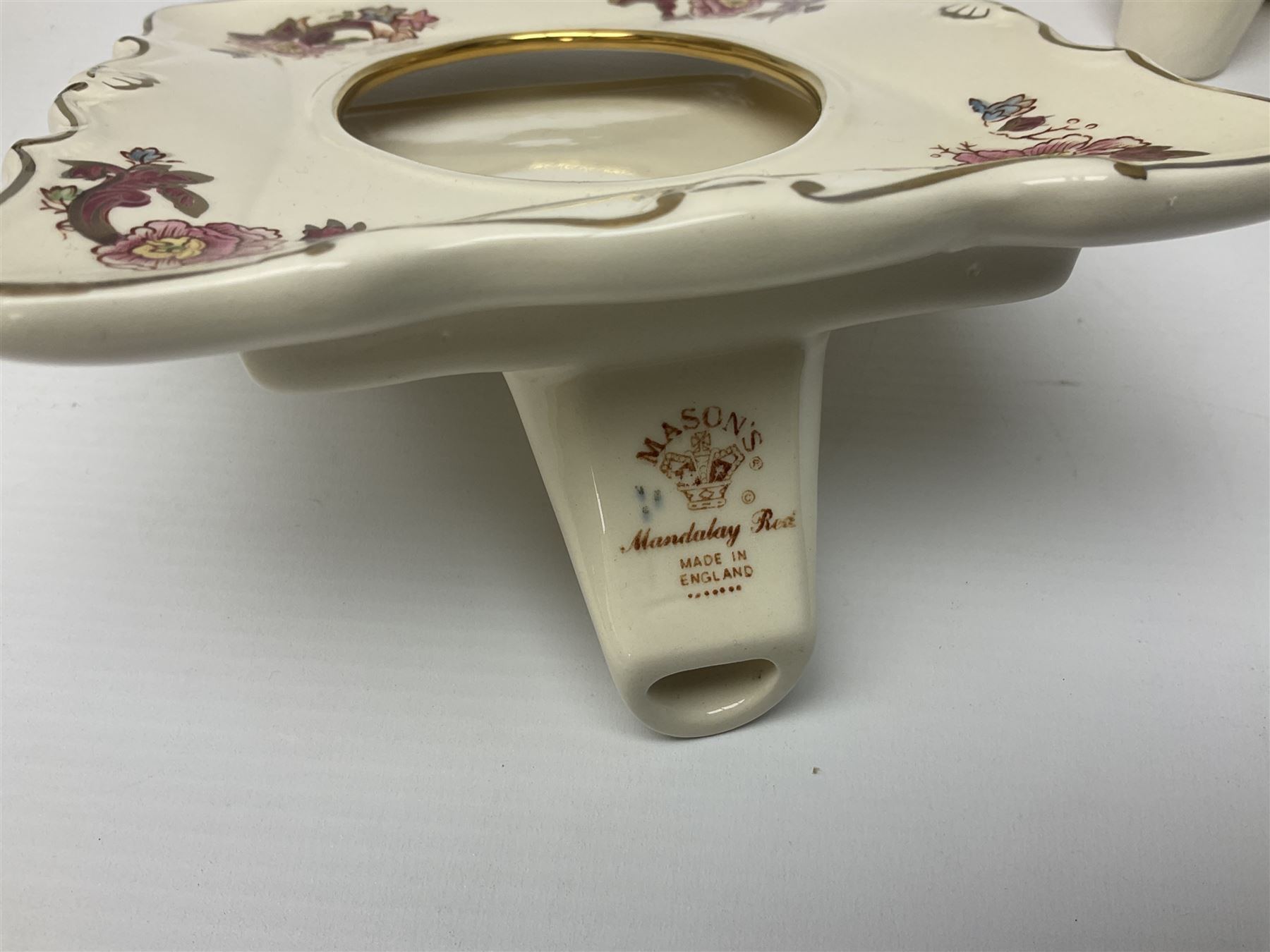 Masons Ironstone in the Mandalay pattern stepped dish, vase, jug , covered jar and two picture frames 