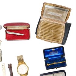 9ct gold stone set brooches, 9ct gold wristwatch, three pence coin bracelet with a French gold filled Virgin Mary medallion, Stratton marcasite set compact, gilt propelling pencil, various wrist watches, Standard U.S.A pocket watch etc 