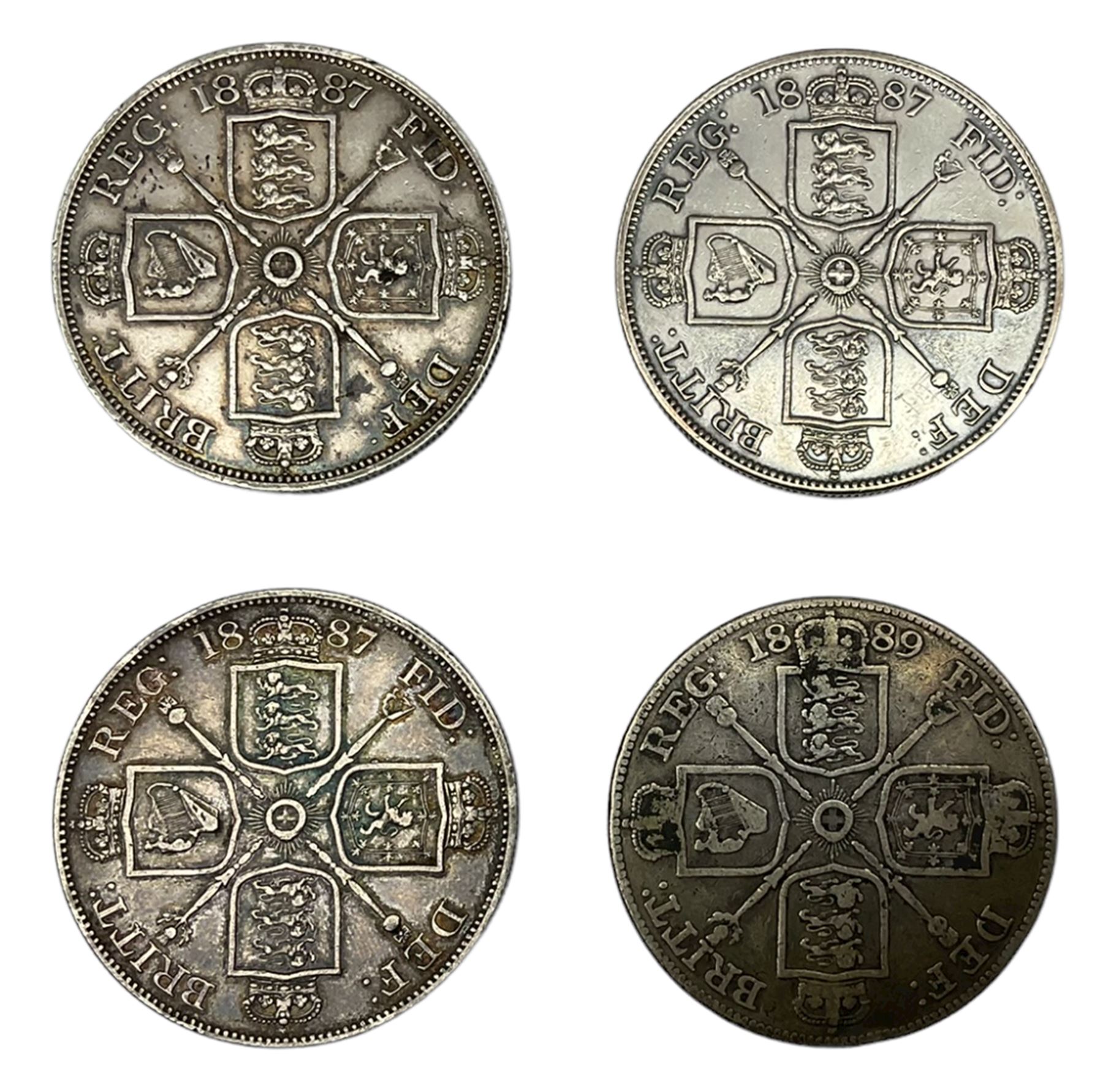 Four Queen Victoria double florin coins, dated three 1887 and 1889 (4)