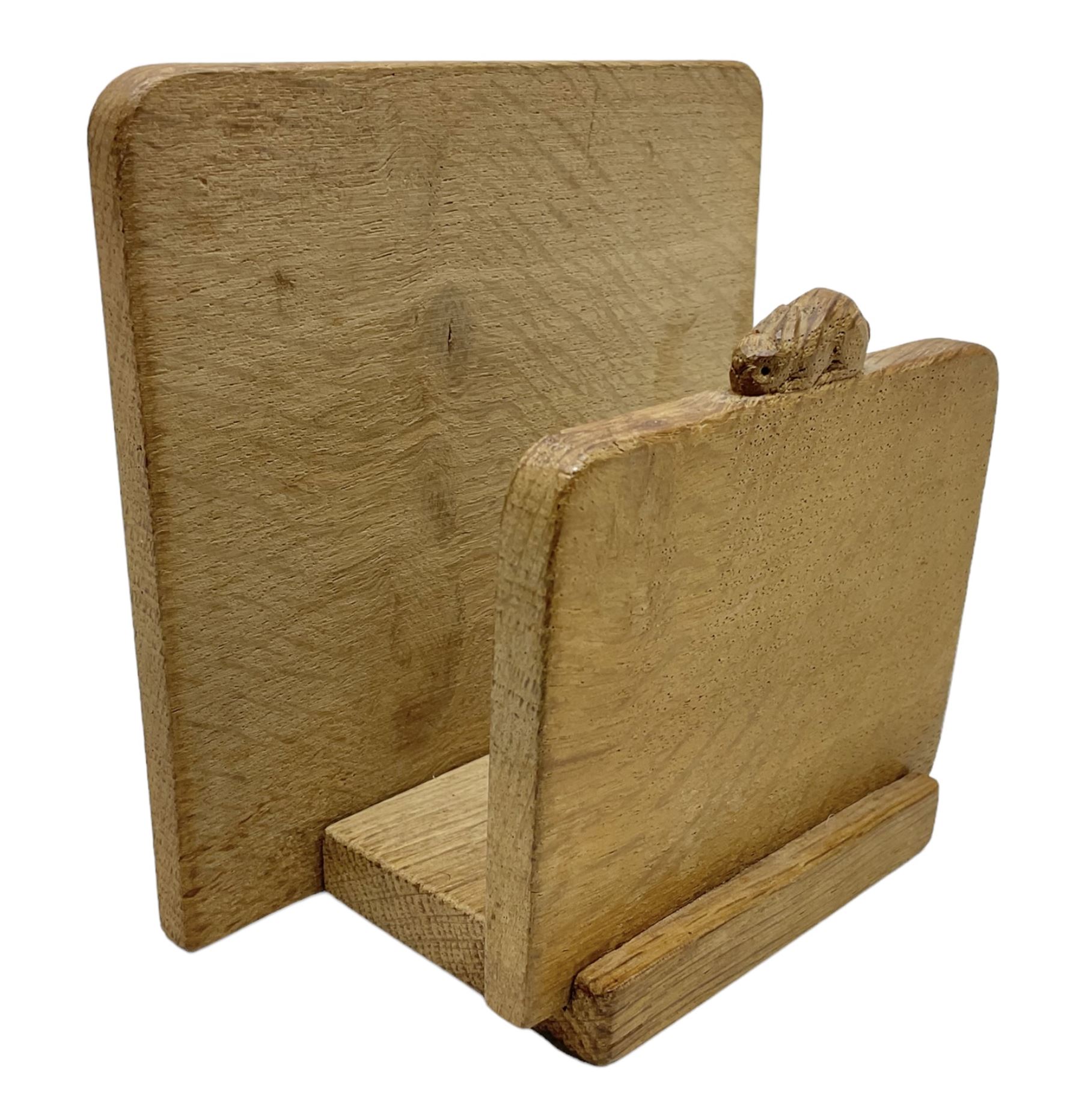 'Rabbitman' oak letter rack of two graduated square panels on a slab base, with carved with rabbit signature, by Peter Heap of Wetwang, H12cm