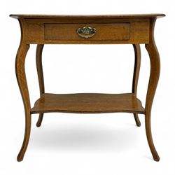 19th century oak side table, single frieze drawer with shaped brass handle, cabriole suppo...