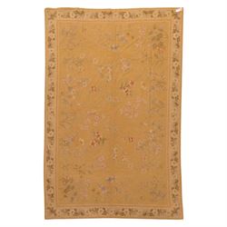 20th-century Aubusson-style woven tapestry of rectangular form with mustard yellow field d...