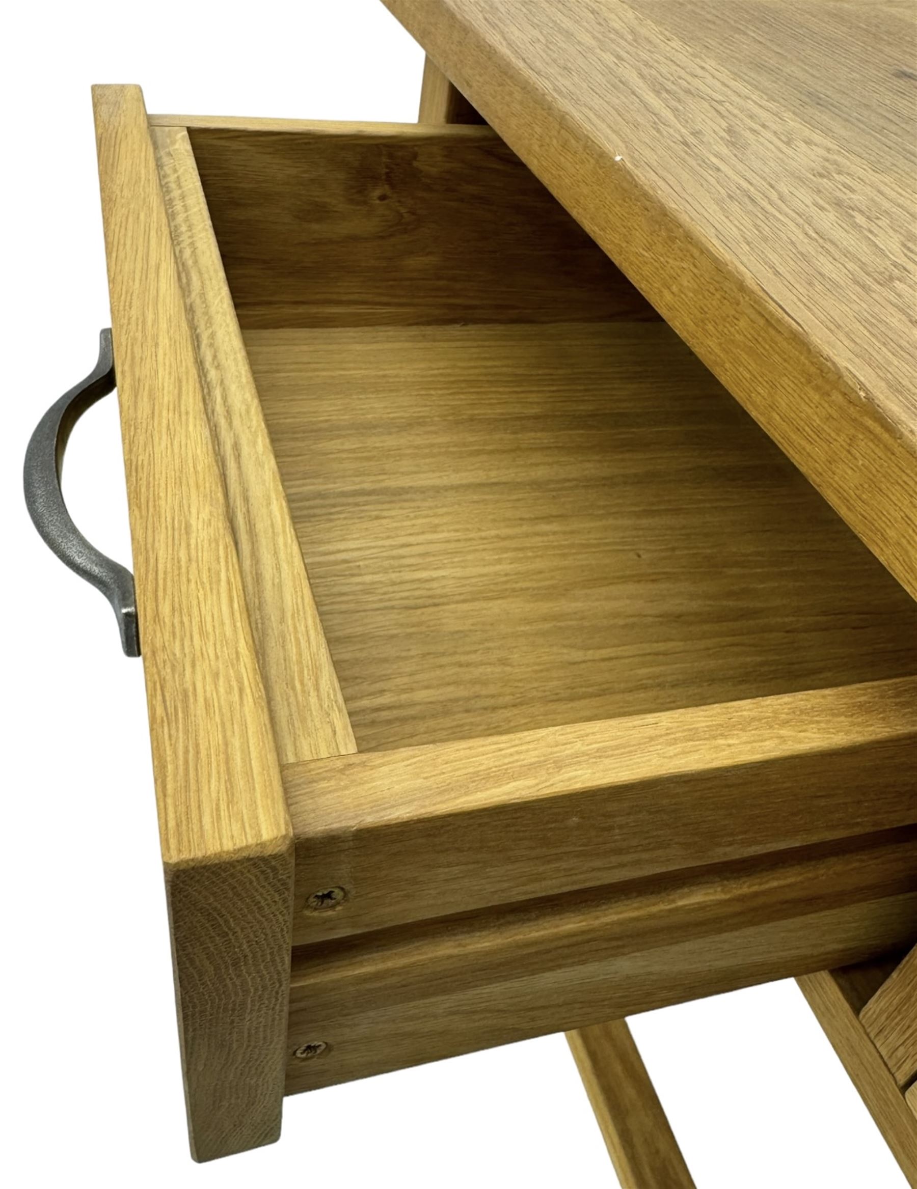 Laura Ashley - contemporary Milton oak console table, rectangular top over two drawers with pewter effect bow handles, on square legs supported by stretcher 