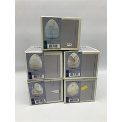 Set of five Lladro limited edition Easter eggs for the years 1993, 1994, 1995, 1996 and 1997, sold in the USA only, all with original boxes, H11cm