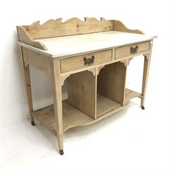 Victorian pine washstand with marble top, raised shaped back, two drawers, square tapering supports joined by undertier, W107cm, H89cm, D54cm