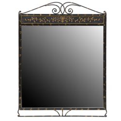 Late 20th century decorative overmantel mirror, black painted wrought iron frame with gilt...