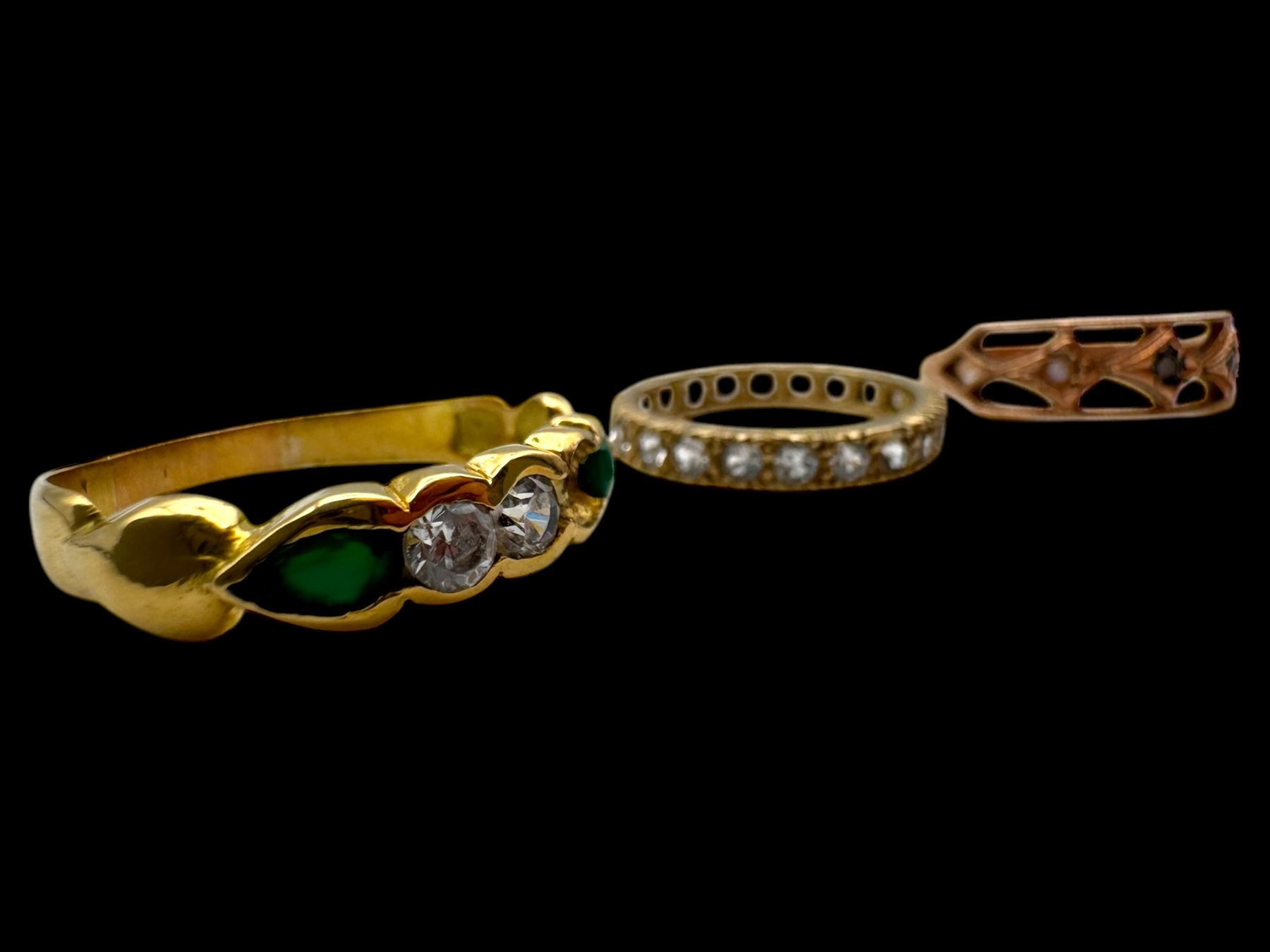 18ct gold stone set ring, 9ct rose gold ring and a 9ct paste set eternity ring