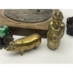 Modern silver enamel novelty owl figure, hallmarked, together with a 19th century novelty brass vesta case, modelled as Punch, two brass jewellery moulds and other similar animal figures 