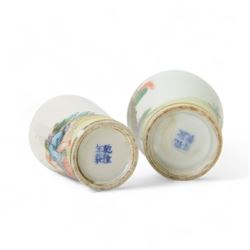 Five Chinese ceramic snuff bottle with painted erotic scenes, all with gilt painted stoppers, with character marks beneath, H10cm 