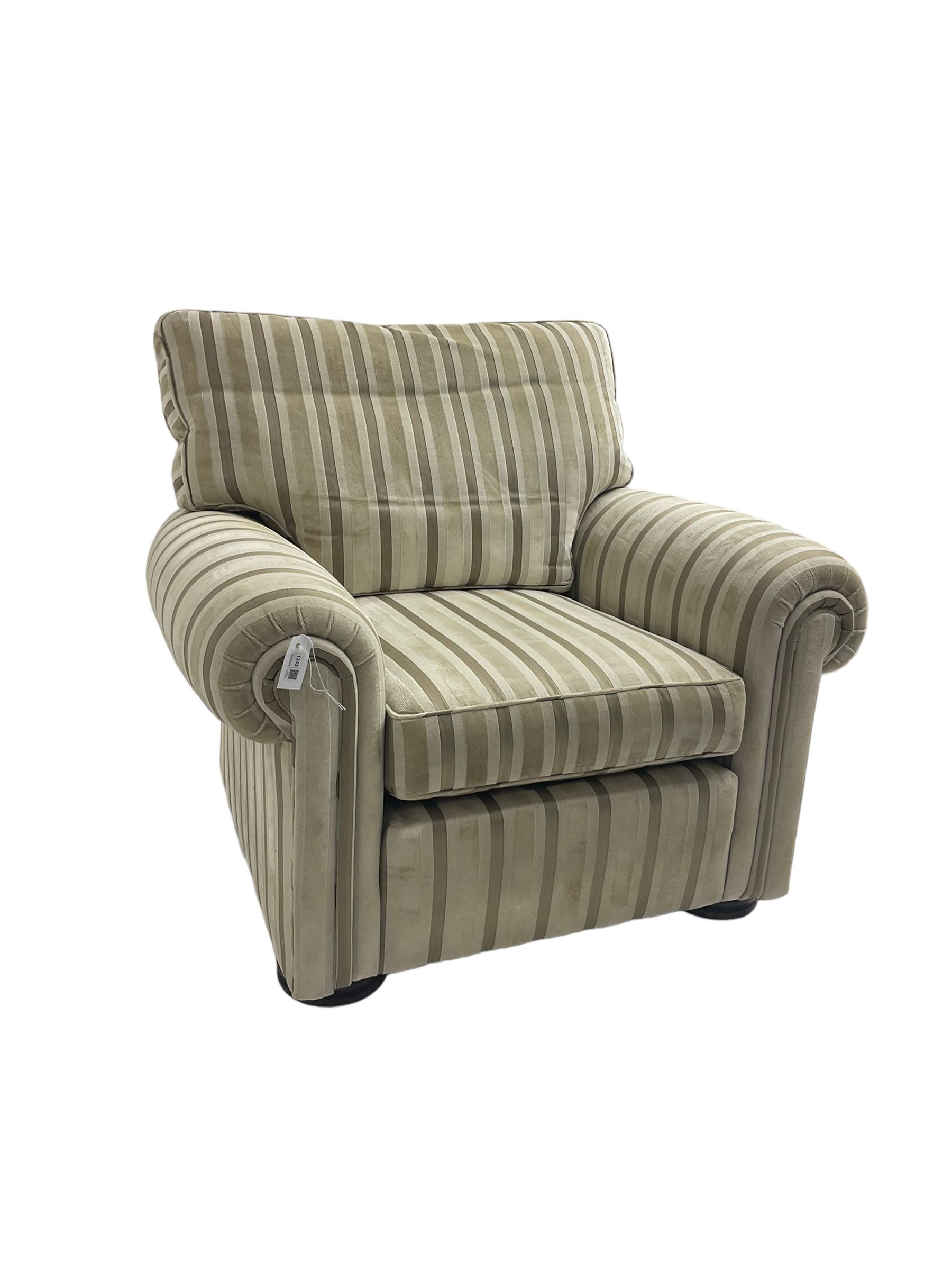 Duresta - 'Waldorf' armchair, in neutral striped fabric, on compressed bun feet