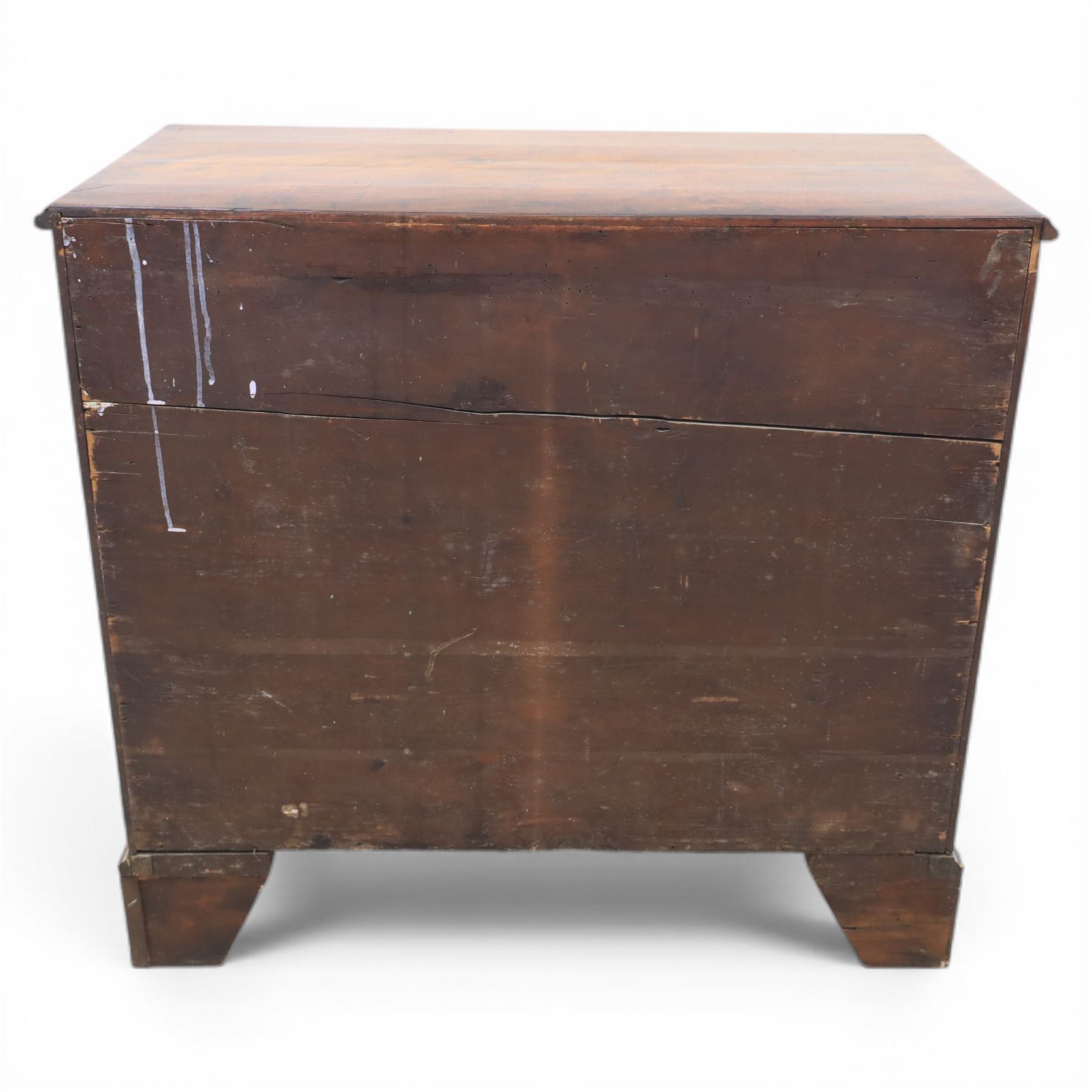 George III mahogany chest, fitted with four graduating drawers, rectangular flamed mahogany top with moulded edge, above four graduated drawers with brass swan neck handles, raised on bracket feet