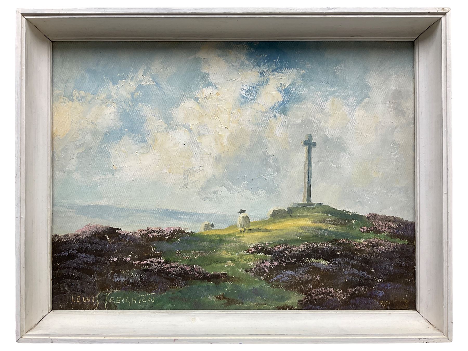 Lewis Creighton (British 1918-1996): Moorland Landscape with Sheep and Memorial, oil on board signed 29cm x 39cm