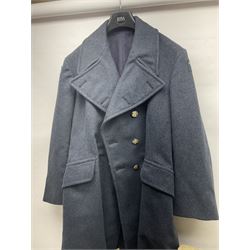 Two post-WWII British Army No.2 Dress tunics, one with Green Howards buttons; army shirt dated 1951; Royal Fleet Auxilliary jacket with trousers; three RAF/WAAF uniforms and RAF Greatcoat; and three canvas/webbing bags, two dated 1943 & 1945