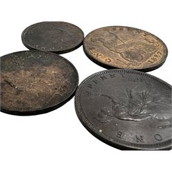 Three Queen Victoria bun head pennies, dated 1862, 1875, 1887 and 1890 halfpenny