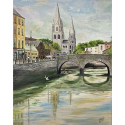 P Holmes (British 20th century): 'St Finbarr's Cathedral' Cork Ireland, oil on canvas signed and dated 1971, labelled verso