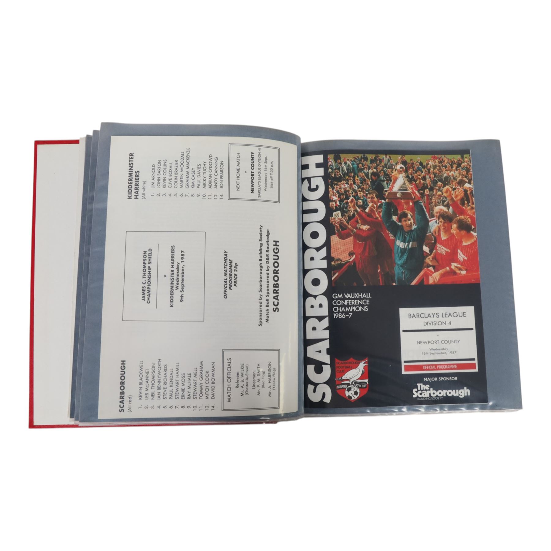 Comprehensive collection of approximately one-hundred and ninety Scarborough FC football programmes for the 1987/88, 1988/89 and 1990/91 seasons, all filed within six dedicated Scarborough FC red Home and Away binders 